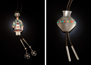 Zuni olla maiden in channel inlay by Madeline Beyuka (Zuni). Silver seed pot bolo tie by Norberto Peshlakai (Navajo). Photography: Courtesy Gilcrease Museum