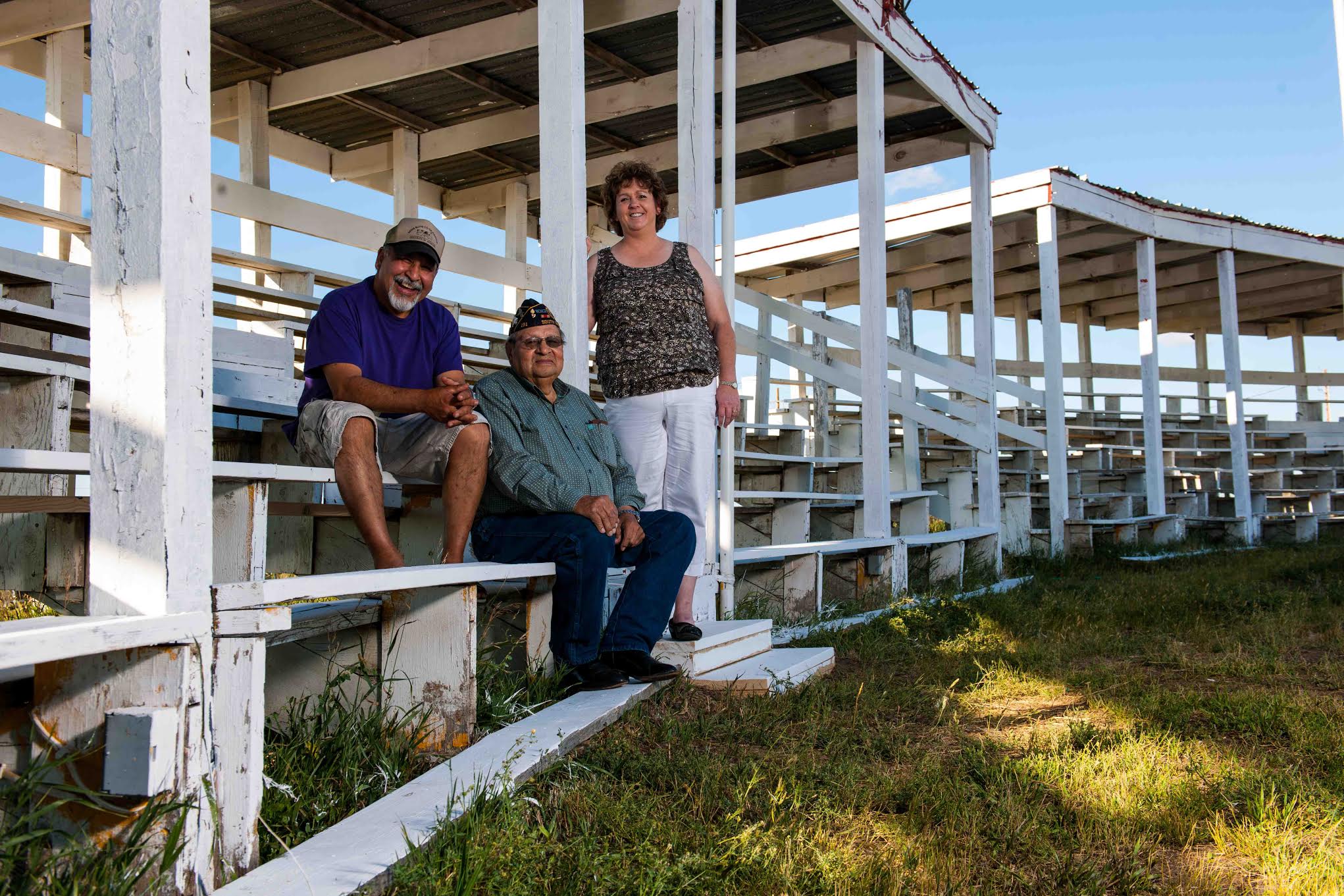 Louis “Louie” Jewett (center), who passed away in 2014, was a U.S. Navy veteran who served in the Pacific theater in World War II. Joining him at the Eagle Butte powwow grounds were fellow veterans Wayne Garreau, U.S. Marine Corps, and Debra Rousseau Johnson, U.S. Army.