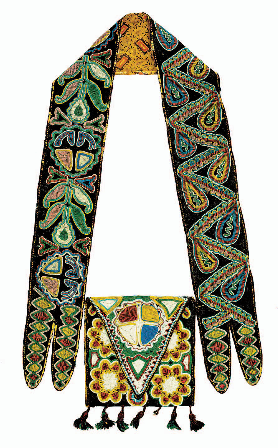 Creek man’s shoulder bag ca. 1810 – 30. Wool, cotton, silk ribbon, glass beads, 25¾ inches. The Detroit Institute of Arts, Founder’s Society, DTR 781294. Purchased with funds from the Flint Ink Corporation, 1988.29. Photography: The Detroit Institute of Arts