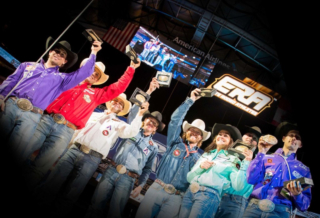 ERA world champs (L-R) include Chandler Bownds (Bull Riding), Bray Armes (Steer Wrestling), Clay Tryan & Jade Corkill (Team Roping), Cort Scheer (Saddle Bronc Riding), Lisa Lockhart (Barrel Racing), Shane Hanchey (Tie-Down Roping) and Steven Dent (Bareback Riding).