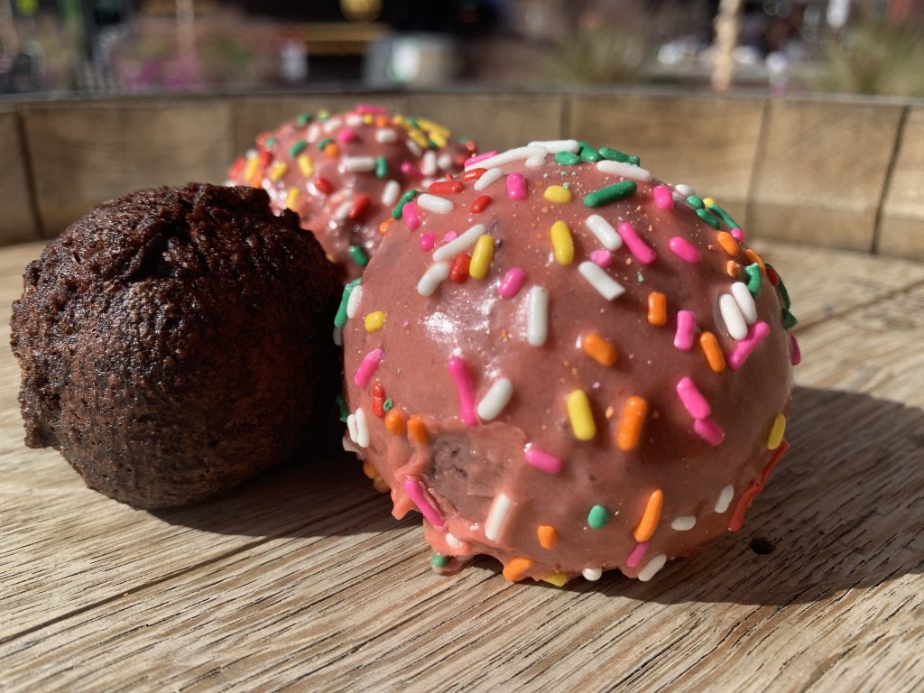 Recipe Chocolate Potato Cake Donut Holes With Strawberry Glaze and