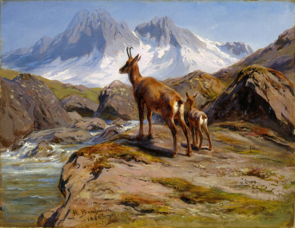 Oil painting on canvas of mother deer with her young calf looking over a mountainous landscape. Immediately before them is a running river bordered with boulders and there are snowy mountains in the distance.