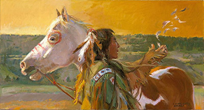Oil painting on linen of Native American with his white horse against a sunset landscape. He has dismounted to observe the wind and has released feathers from his hand that blow to the right of the painting.