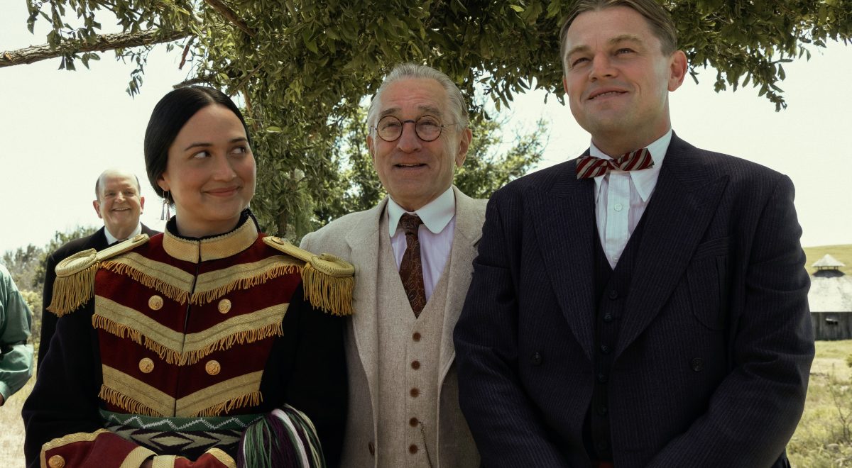 Lily Gladstone, Robert De Niro and Leonardo DiCaprio in "Killers of the Flower Moon"