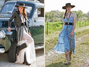 A split view of two models modeling Corral boots. Woman on the left leans against a black truck donning back Corral boots. Woman on the right strolls across a meadow in a pair of brown Corral boots.