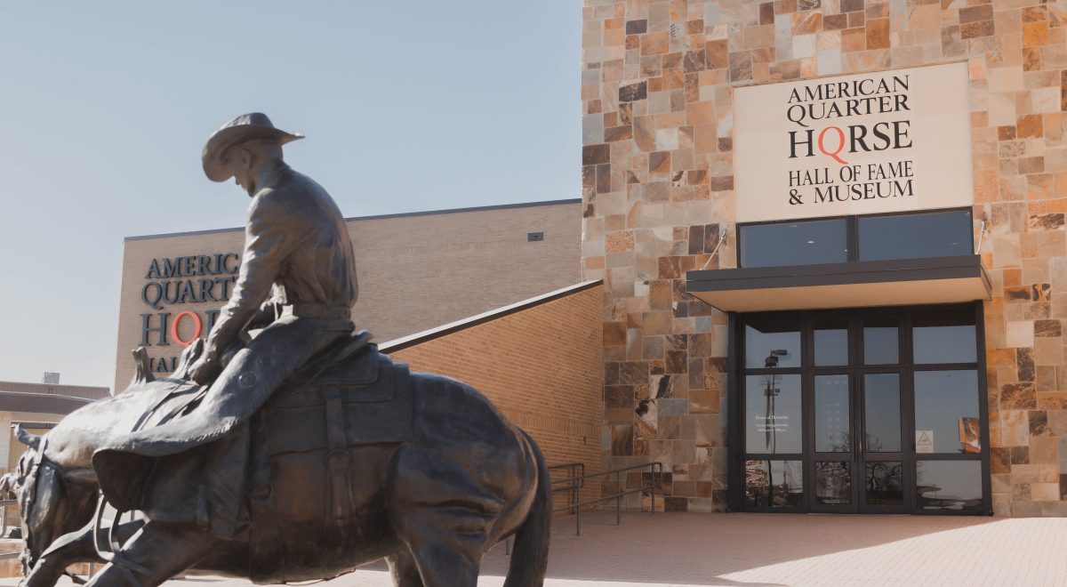 The exterior of the front entrance to the American Quarter Horse Association Hall of Fame and Museum.