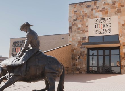 The exterior of the front entrance to the American Quarter Horse Association Hall of Fame and Museum.