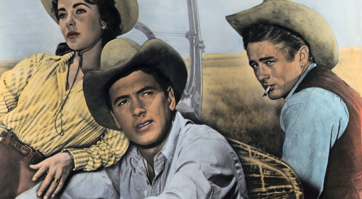 Actors Elizabeth Taylor (left), Rock Hudson (middle), and James Dean (right) pose in classic cowboy and cowgirl outfits in the 1956 film "Giant."
