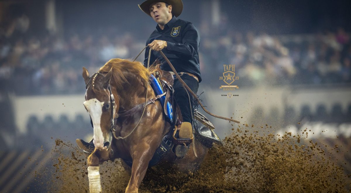 Fernando Salgado brings his horse to a sliding stop during the 2023 American Performance Horseman reining competition.