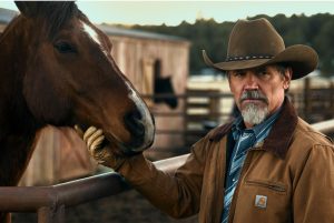 Josh Brolin pets a horse as Royal Abbott in "Outer Range" Season 1.