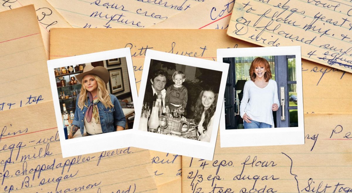 Polaroid pictures of Miranda Lambert (left), John Carter Cash as a child with Johnny Cash and June Carter Cash (middle), and Reba McEntire (right) placed on top of hand-written recipes.