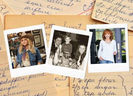 Polaroid pictures of Miranda Lambert (left), John Carter Cash as a child with Johnny Cash and June Carter Cash (middle), and Reba McEntire (right) placed on top of hand-written recipes.