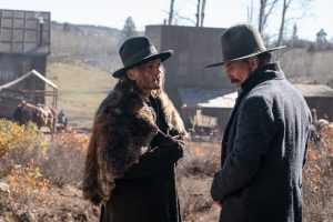 Jamie Campbell Bower and Kevin Costner in "Horizon: Part 1."