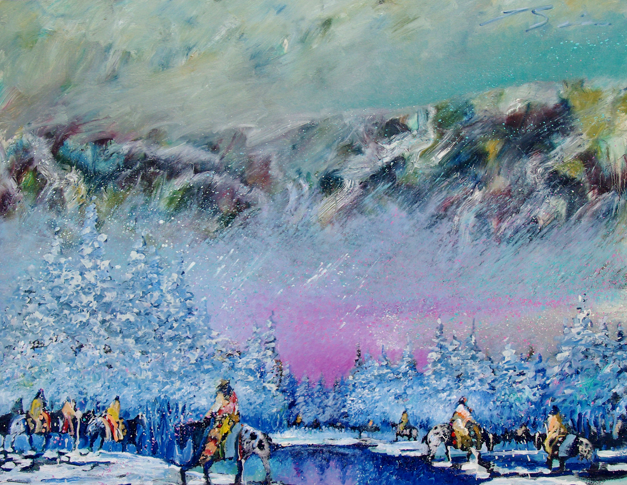 "An Early Storm In The Crazy Woman Mountains" painting by Earl Biss, depicting American Indians riding across a snowy landscape.