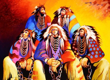 "Land of the Free, Home of the Brave" painting by Earl Biss, depicting five American Indian chiefs in traditional regalia wearing chains on their hands.