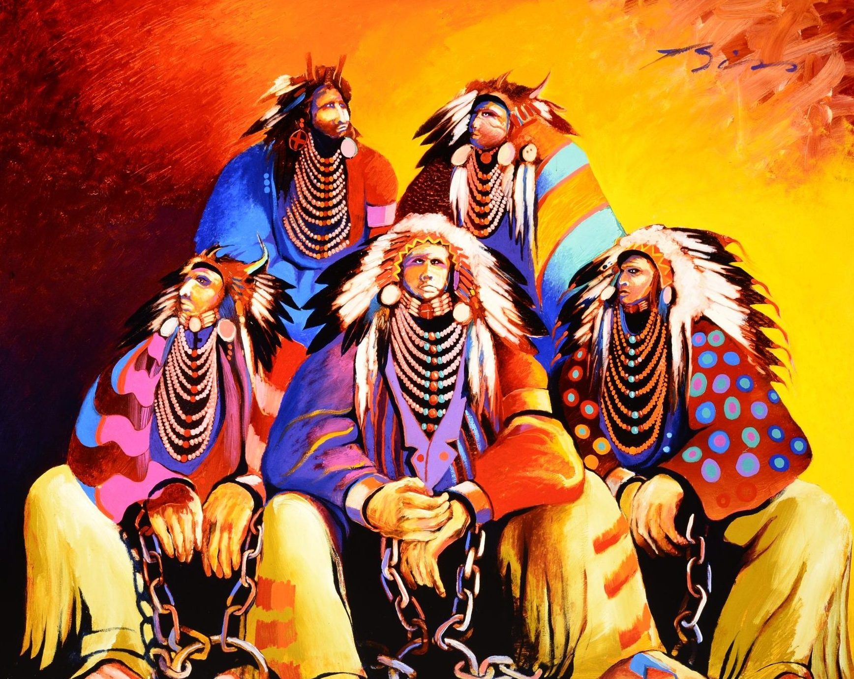 "Land of the Free, Home of the Brave" painting by Earl Biss, depicting five American Indian chiefs in traditional regalia wearing chains on their hands.