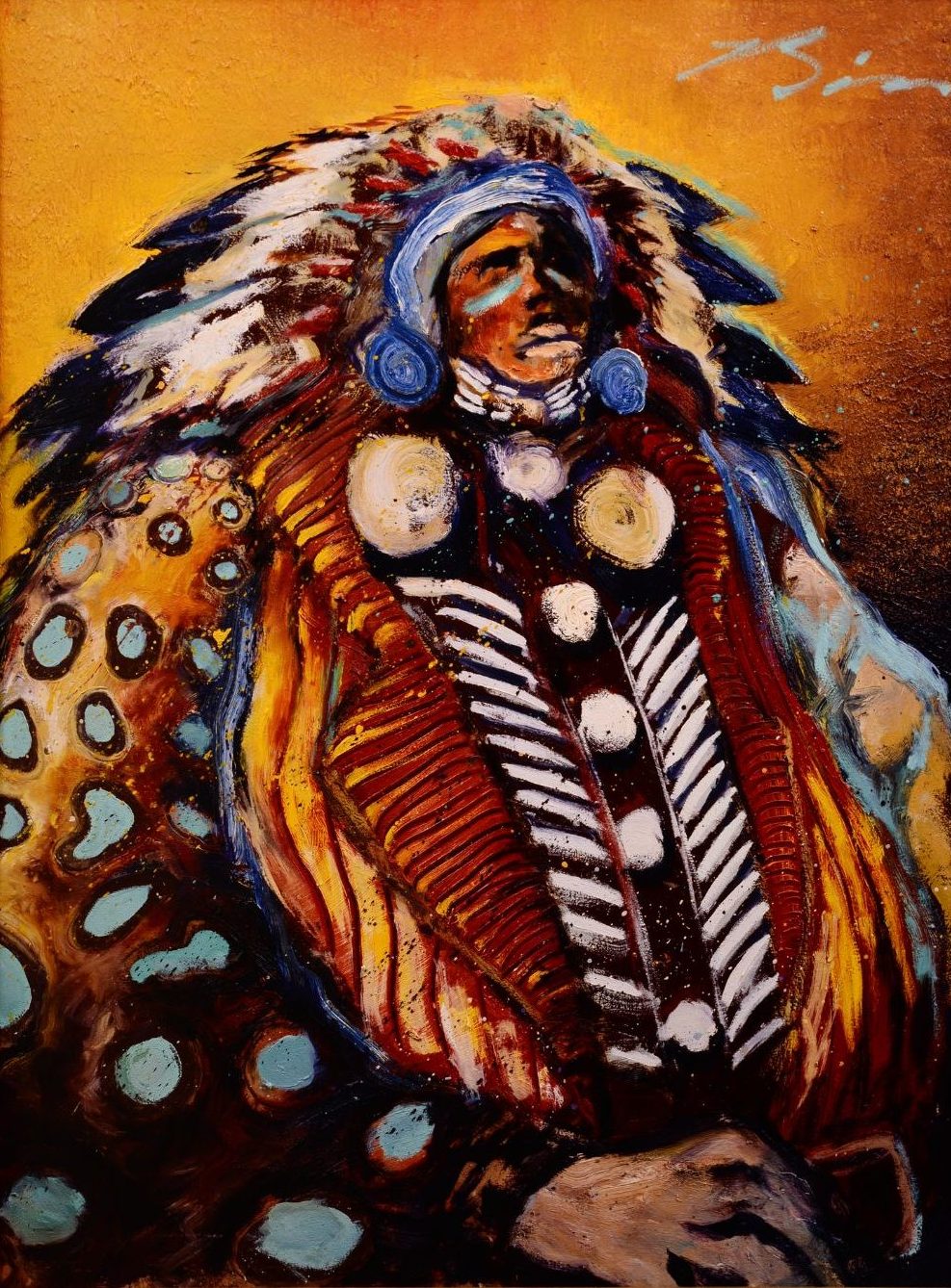 "Big Fat Chief" painting by Earl Biss, depicting a larger-than-life American Indian chief wearing full regalia against a bright orange backdrop.