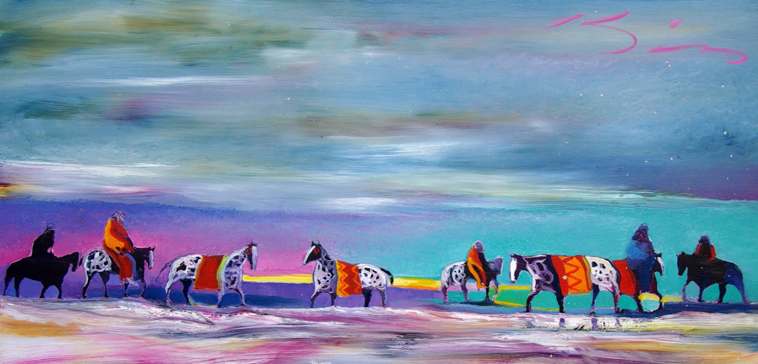 Untitled painting by Earl Biss, depicting American Indians ride and herd horses across a colorful plain.