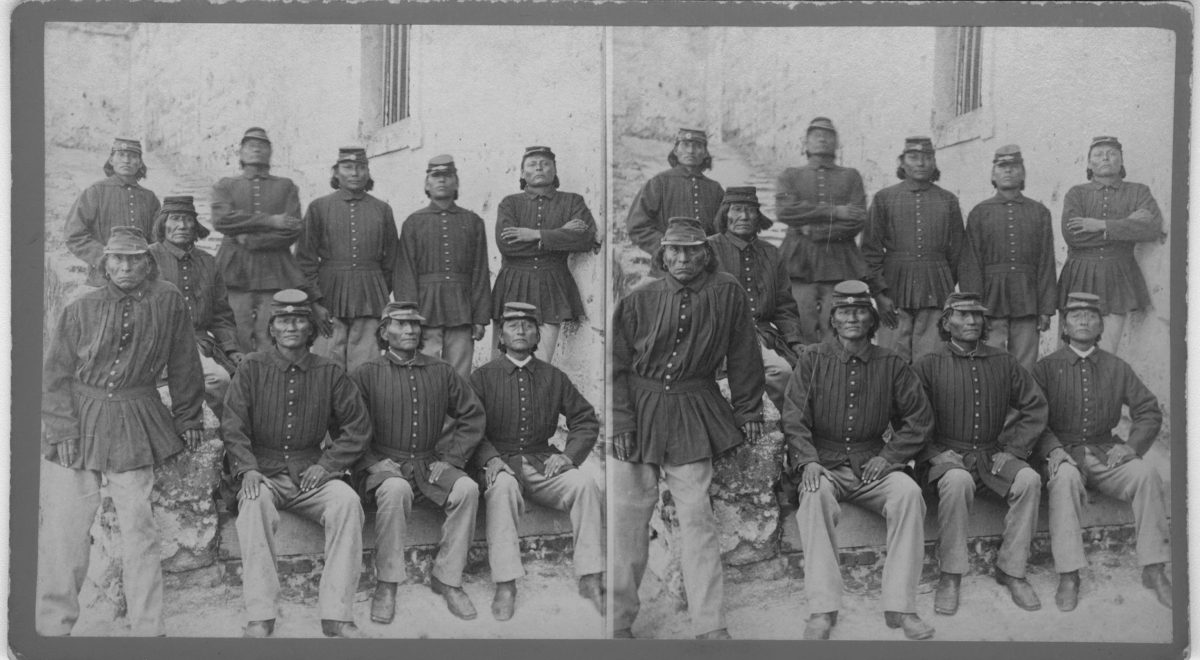 Stereograph of Cheyenne warriors in uniforms at Fort Marion in 1875. Titled St. Augustine Views, the image was sold to tourists.