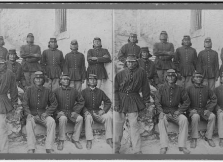 Stereograph of Cheyenne warriors in uniforms at Fort Marion in 1875. Titled St. Augustine Views, the image was sold to tourists.