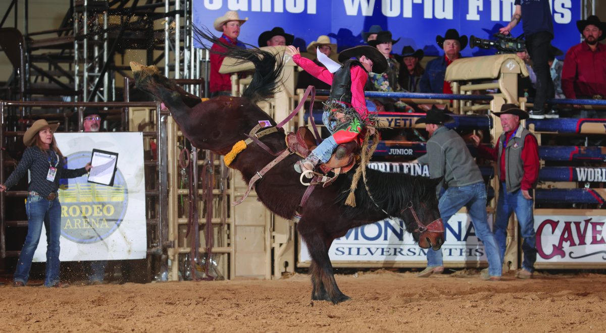 Wade Magner, Dustin’s Delight, during the Junior Saddle Bronc riding at the Junior World Finals Rodeo Day 4. Photo By: Bull Stock Media