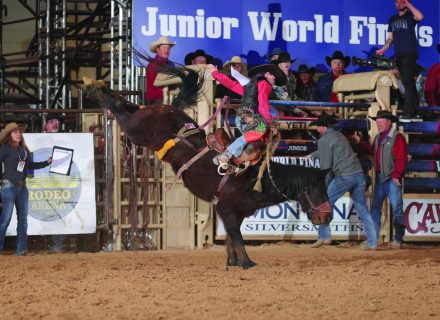 Wade Magner, Dustin’s Delight, during the Junior Saddle Bronc riding at the Junior World Finals Rodeo Day 4. Photo By: Bull Stock Media