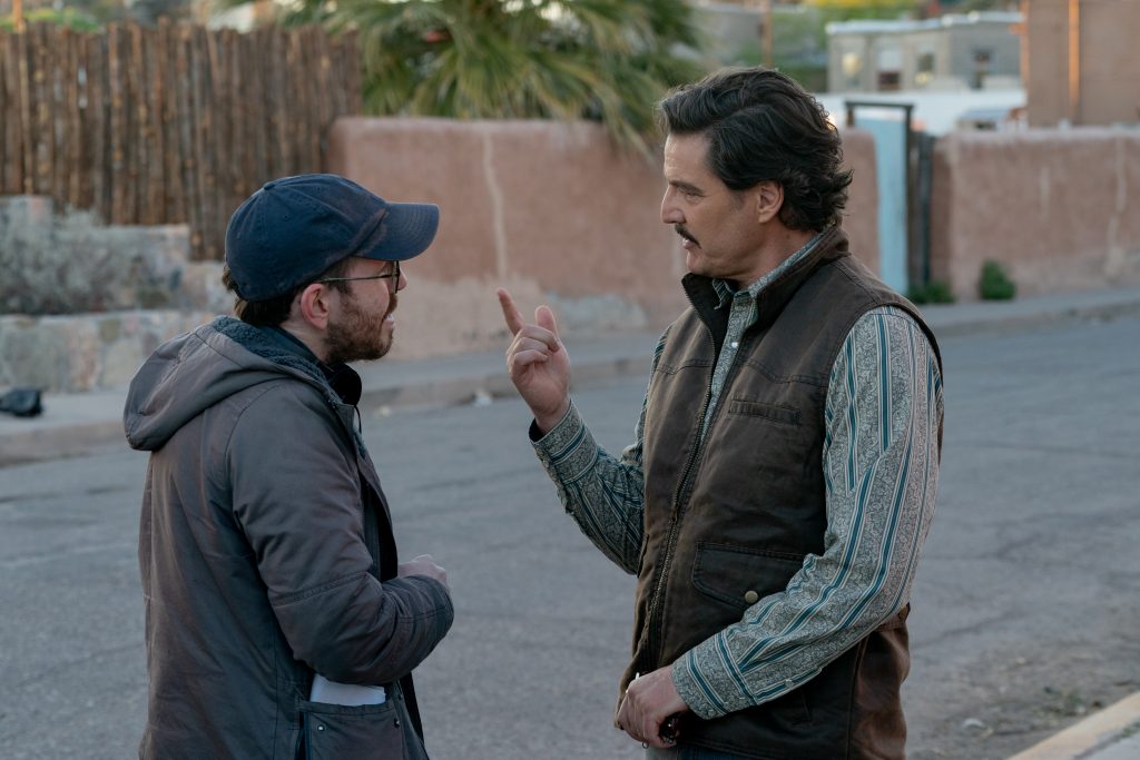 Ari Aster and Pedro Pascal on the set of "Eddington"