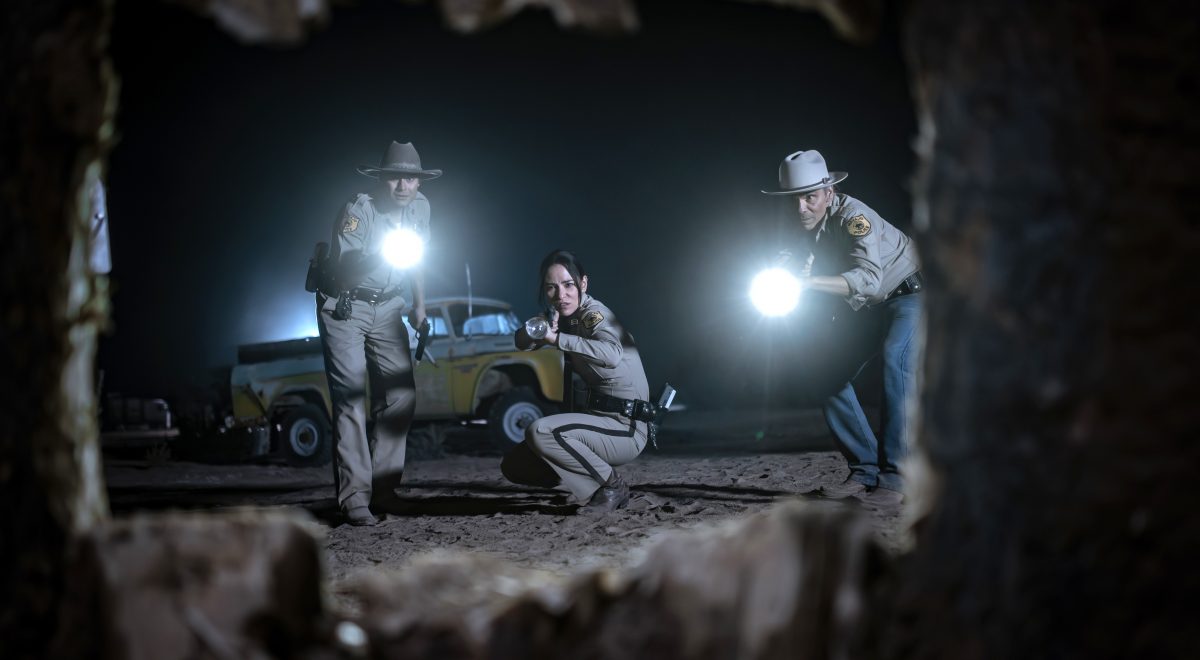 Zahn McClarnon as Joe Leaphorn, Jessica Matten as Bernadette Manuelito and Kiowa Gordon as Jim Chee in "Dark Winds"