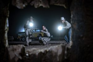 Zahn McClarnon as Joe Leaphorn, Jessica Matten as Bernadette Manuelito and Kiowa Gordon as Jim Chee in "Dark Winds"