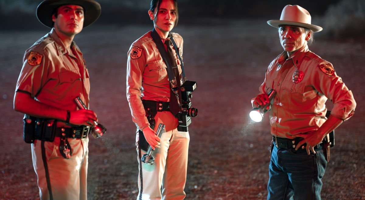 Zahn McClarnon, Jessica Matten and Kiowa Gordon in "Dark Wins"