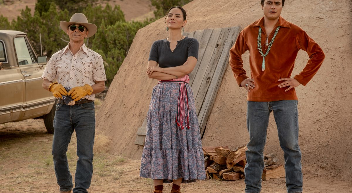 Zahn McClarnon as Joe Leaphorn, Jessica Matten as Bernadette Manuelito and Kiowa Gordon as Jim Chee - "Dark Winds"