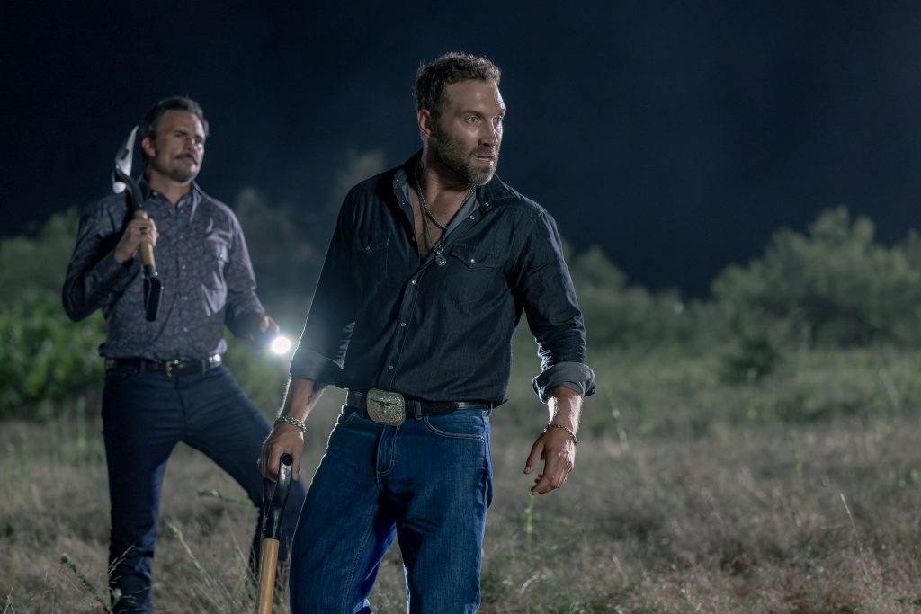 Juan Pablo Raba as Joaquin and Jai Courtney as Rob-Will Jackson in "Dutton Ranch"