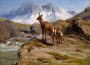 Oil painting on canvas of mother deer with her young calf looking over a mountainous landscape. Immediately before them is a running river bordered with boulders and there are snowy mountains in the distance.